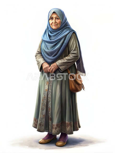 Attention to elegance and external appearance, three-dimensional illustrations of a smiling Saudi Gulf Arab woman wearing the hijab and abaya, looking at the camera with gestures of pleasure, sophisticated designs for modern veiled fashion, white background.