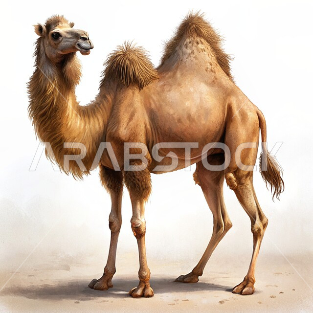 تربية الابل والجمال في المملكة العربية، حيوان الجمل العربي الأصيل، وسائل مواصلات قديمة، سفينة الصحراء ذو السنامين، خلفية بيضاء