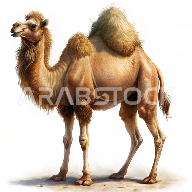 حيوان الجمل العربي الأصيل، تربية الابل والجمال في المملكة العربية، وسائل مواصلات قديمة، سفينة الصحراء ذو السنامين، خلفية بيضاء