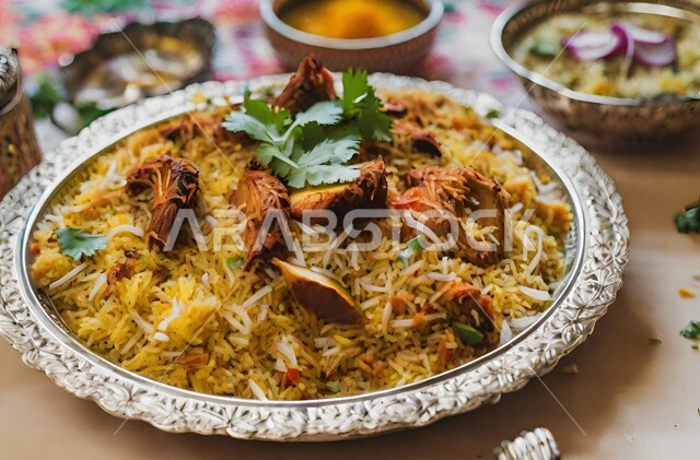 طبق من أرز البرياني مع قطع من الدجاج المشوي والتوابل، أطباق ومأكولات عربية تقليدية، وصفات الطعام الصحية الشهية، صحن من رز الكبسة، تقديم وجبات الأطعمة الشرقية اللذيذة
