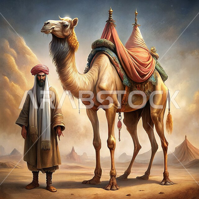رسوم توضيحيه ثلاثية الابعاد لرجل عربي من العصور التاريخيه القديمه يقف بجانب حيوان الجمل، التنقل في البراري باستخدام الحيوانات الأليفة، تربية الجمال والنوق العربيه الاصيله، خلفية الطبيعه الصحراويه والاجواء الصيفيه