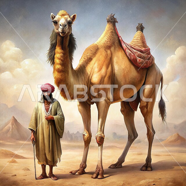 التنقل في البراري باستخدام الحيوانات الأليفة، تربية الجمال والنوق العربيه الاصيله، رسوم توضيحيه ثلاثية الابعاد لرجل عربي من العصور التاريخيه القديمه يقف بجانب حيوان الجمل، خلفية الطبيعه الصحراويه والاجواء الصيفيه