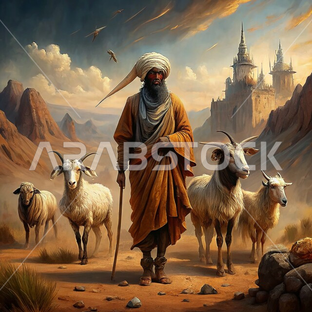 الحياة البرية في المملكة العربية السعودية، رسوم توضيحية ثلاثية الابعاد لراعي عربي سعودي خليجي من العصور التاريخيه القديمه يقوم برعي الغنم، قطيع من الماعز في المناطق الصحراوية، مهنة تربية ورعاية المواشي والثدييات
