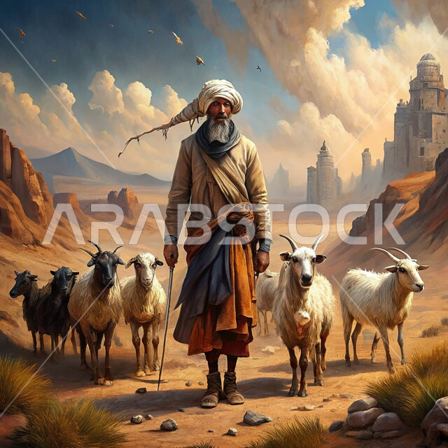 قطيع من الماعز في المناطق الصحراوية، مهنة تربية ورعاية المواشي والثدييات، رسوم توضيحية ثلاثية الابعاد لراعي عربي سعودي خليجي من العصور التاريخيه القديمه يقوم برعي الغنم، الحياة البرية في المملكة العربية السعودية