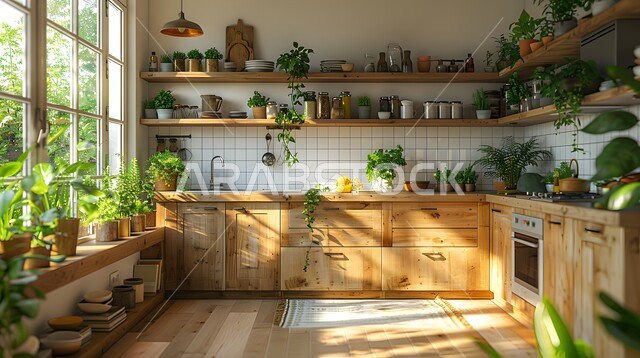 الديكورات العصرية للمطابخ الفاخرة في المملكة العربية السعودية، الواجهات والنوافذ الزجاجية المطلة على الطبيعة، مطبخ راقي بخزائن خشبية بنية، التصاميم الداخلية للفلل والشقق السكنية