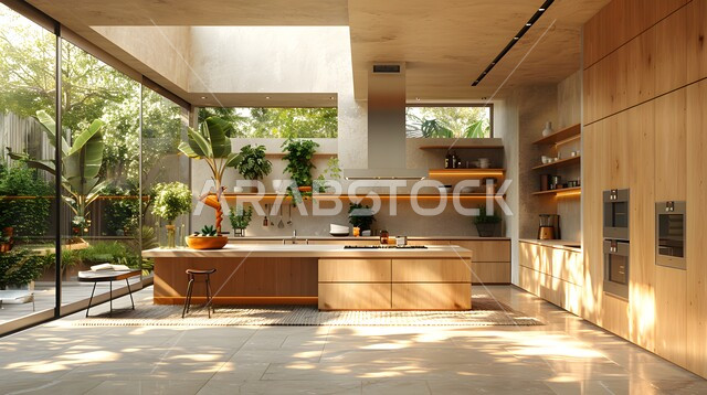 الواجهات والنوافذ الزجاجية المطلة على الطبيعة، مطبخ راقي بخزائن خشبية بنية، التصاميم الداخلية للفلل والشقق السكنية، الديكورات العصرية للمطابخ الفاخرة في المملكة العربية السعودية