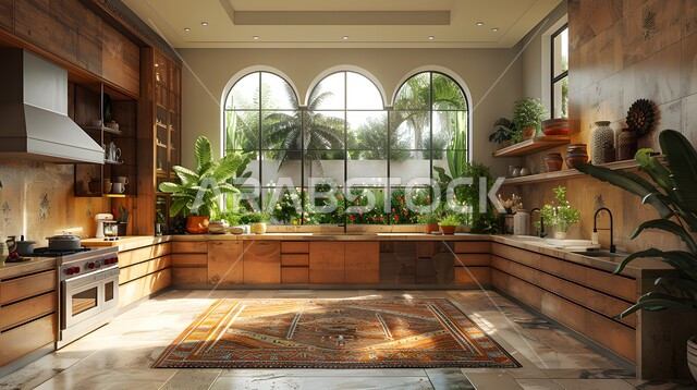 النوافذ الزجاجية المطلة على الطبيعة، مطبخ راقي بخزائن خشبية بنية، التصاميم الداخلية للفلل والشقق السكنية، الديكورات العصرية للمطابخ الفاخرة في المملكة العربية السعودية