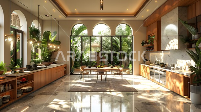 التصاميم الداخلية للفلل والشقق السكنية، النوافذ الزجاجية المطلة على الطبيعة، مطبخ راقي بخزائن خشبية بنية، الديكورات العصرية للمطابخ الفاخرة في المملكة العربية السعودية