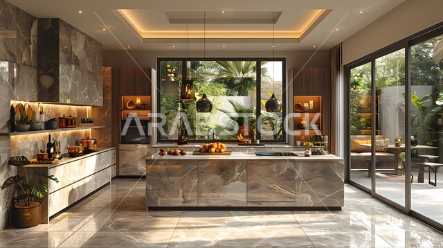 مطبخ سعودي فاخر وراقي، الاهتمام بزراعة نباتات الزينة المنزلية، الفلل والشقق السكنية في المملكة العربية السعودية، التصميم الهندسي الكلاسيكي للمطابخ، أدوات منزلية حديثة بتقنية عالية