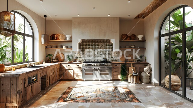 Glass facades overlooking nature, modern decorations for luxury Arabic kitchens in the Kingdom of Saudi Arabia, interior designs for villas and residential apartments, high-end kitchen with wooden cabinets