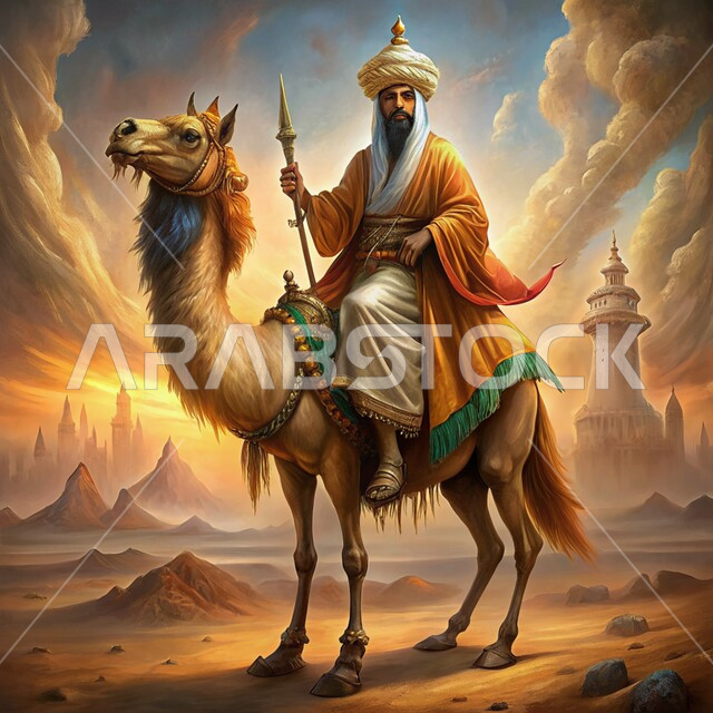 رسوم توضيحيه ثلاثية الابعاد لرجل عربي من العصور التاريخيه القديمه يمتطي حيوان الجمل، التنقل في البراري باستخدام الحيوانات الأليفة، تربية الجمال والنوق العربيه الاصيله، خلفية الطبيعه الصحراويه والاجواء الصيفيه