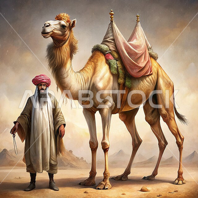 تربية الجمال والنوق العربيه الاصيله، التنقل في البراري باستخدام الحيوانات الأليفة، رسوم توضيحيه ثلاثية الابعاد لرجل عربي من العصور التاريخيه القديمه يقف بجانب حيوان الجمل، خلفية الطبيعه الصحراويه والاجواء الصيفيه