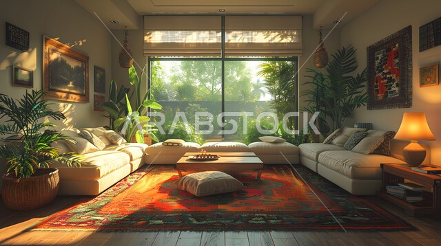 الاهتمام بزراعة ورعاية نباتات الزينة المنزلية، غرفة معيشة ومجالس عربية تقليدية، تحف واكسسوارات أنيقة، ديكور داخلي راقي للفلل والشقق السكنية في المملكة العربية السعودية، التصاميم الداخلية لغرف الجلوس على الطراز العربي الاسلامي