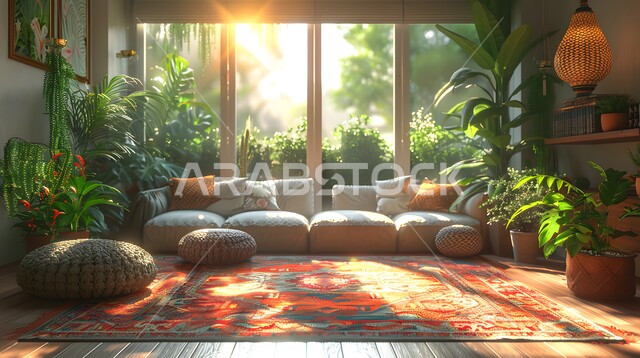 اختيار الألوان المناسبة والتنسيق بين الأثاث والإكسسوارات، الاهتمام بزراعة ورعاية نباتات الزينة المنزلية، غرفة معيشة ومجالس عربية تقليدية، ديكور داخلي راقي للفلل والشقق السكنية في المملكة العربية السعودية، التصاميم الداخلية لغرف الجلوس على الطراز العربي الاسلامي