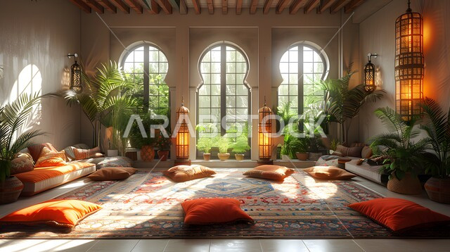 لتنسيق بين الأثاث والاكسسوارات، مجالس عربية تقليدية، واجهه زجاجية مطلة على الاشجار والنباتات الخضراء، التصاميم الداخلية لغرف المعيشة على الطراز العربي الاسلامي، ديكور داخلي راقي للفلل والشقق السكنية في المملكة العربية السعودية