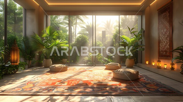 مجالس عربية تقليدية، واجهه زجاجية مطلة على الاشجار والنباتات الخضراء، التصاميم الداخلية لغرف المعيشة على الطراز العربي الاسلامي، ديكور داخلي راقي للفلل والشقق السكنية في المملكة العربية السعودية، التنسيق بين الأثاث والاكسسوارات