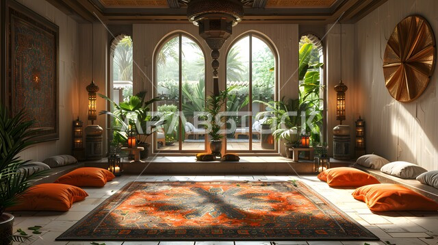 Selection of elegant furniture and accessories, traditional Arabic sitting rooms, glass facade overlooking trees and green plants, interior designs for living rooms in the Arab-Islamic style, sophisticated interior decor for villas and residential apartments in the Kingdom of Saudi Arabia