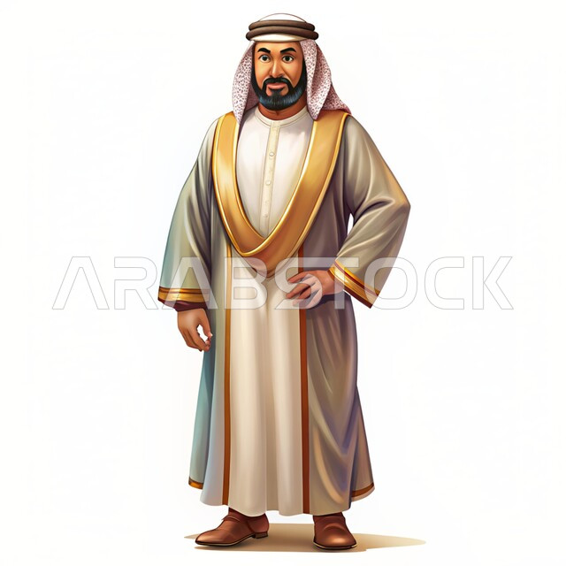النظر إلى الكاميرا بايماءات الجدية، رسوم توضيحية ثلاثية الأبعاد لرجل عربي من العصور التاريخية القديمة يرتدي البشت والغتره التقليديه السعوديه، الاهتمام بالأناقة والمظهر الخارجي، خلفية بيضاء