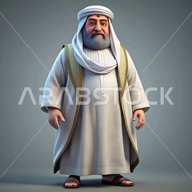الاهتمام بالأناقة والمظهر الخارجي، النظر إلى الكاميرا بايماءات الجدية، رسوم توضيحية ثلاثية الأبعاد لرجل عربي من العصور التاريخية القديمة يرتدي البشت والغتره التقليديه السعوديه، خلفية رمادية