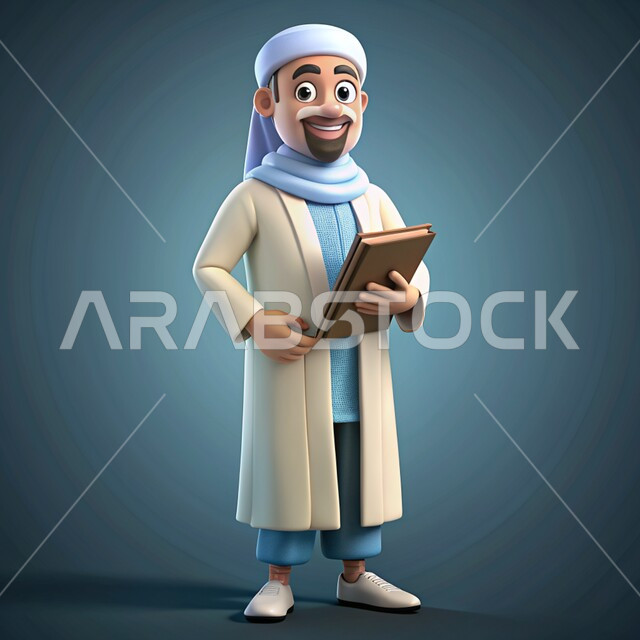 النظر إلى الكاميرا بايماءات السرور والسعادة، رسوم توضيحية ثلاثية الأبعاد لمدرس عربي من العصور التاريخية القديمة يرتدي الزي التقليدي السعودي، أستاذ يحمل بيده كتاب، الاهتمام بالدراسة والتعليم، خلفية زرقاء