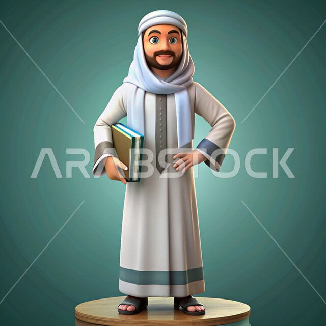 الاهتمام بالدراسة والتعليم، النظر إلى الكاميرا بايماءات السرور والسعادة، رسوم توضيحية ثلاثية الأبعاد لمدرس عربي من العصور التاريخية القديمة يرتدي الزي التقليدي السعودي، أستاذ يحمل بيده كتاب، خلفية خضراء
