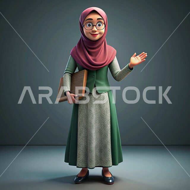 رسوم توضيحية ثلاثية الأبعاد لمدرسة عربية من العصور التاريخية القديمة ترتدي الثوب التقليدي السعودي ترفع يدها بتعابير الشرح والتوضيح، أستاذة تحمل بيدها كتاب، الاهتمام بالدراسة والتعليم، النظر إلى الكاميرا بايماءات السرور والسعادة، خلفية رمادية
