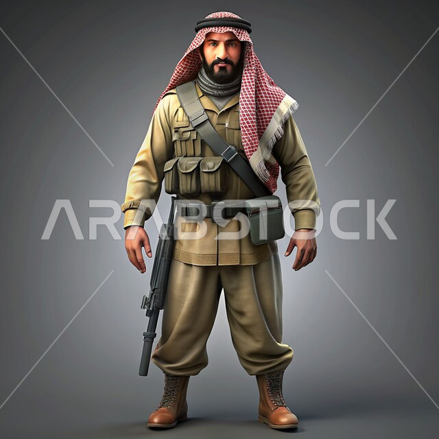 القوات المسلحة السعودية، رسوم توضيحية لجندي عربي خليجي سعودي يرتدي الزي العسكري والشماغ يقف بانضباط، حمل السلاح والدفاع عن الوطن، التدريبات العسكرية والاستعداد للحرب، خلفية رمادية
