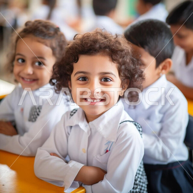 التفاعل والاندماج داخل الفصل الدراسي، طلاب عرب خليجيين سعوديين مبتسمين ينظرون الى الكاميرا بايماءات الحماس والسرور، التربية والتعليم بالمناهج المقررة للطلاب في المملكة العربية السعودية، العودة الى المدارس