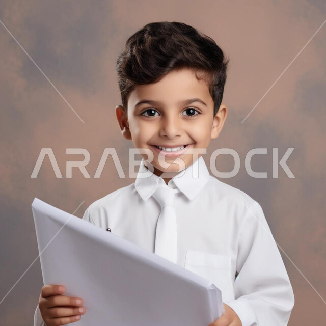 جودة التعليم في المملكة العربية السعودية، استقبال العام الدراسي الجديد بالحماس والسرور، الاستعداد للذهاب الى المدرسة، صورة مقربة لولد عربي خليجي سعودي يحمل الكتب والاوراق ينظر الى الكاميرا بإيماءات الفرح، العودة إلى المدارس