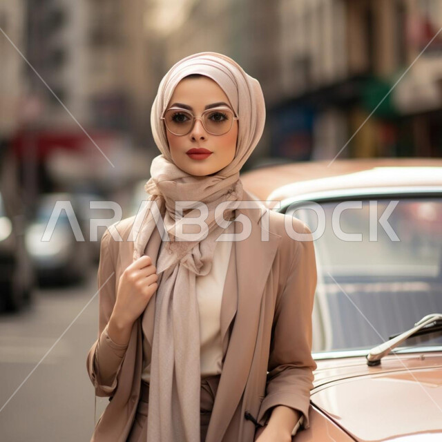 حجابات نسائية عصريه حديثه, مفهوم الأنوثة والنعومة، الأناقة والاهتمام بالمظهر الخارجي، صورة مقربة لإمرأة عربية خليجية سعودية مبتسمة ترتدي الحجاب والنظارة الشمسية تنظر إلى الكاميرا بإيماءات الثقة بالنفس والسرور