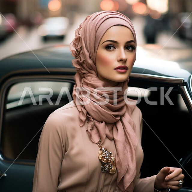 الأناقة والاهتمام بالمظهر الخارجي، حجابات نسائية عصريه حديثه, مفهوم الأنوثة والنعومة، صورة مقربة لإمرأة عربية خليجية سعودية مبتسمة ترتدي الحجاب تنظر إلى شيء ما بإيماءات الثقة بالنفس والسرور