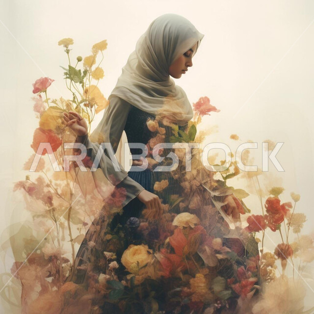 Elegance and attention to external appearance, modern women’s hijabs, the concept of femininity and softness, a close-up image of a smiling Saudi Arabian Gulf woman wearing the hijab, looking with gestures of self-confidence and pleasure