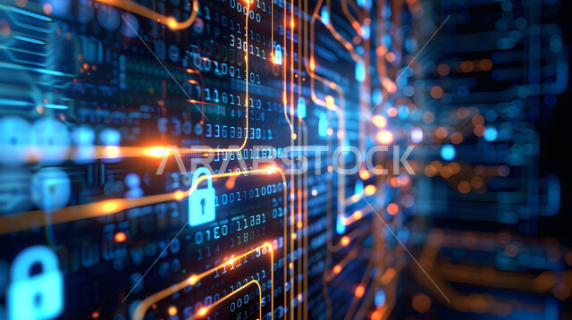 Background of 3D hologram screens for security lock, algorithms and luminous symbols of technology and modern technology, the concept of cybersecurity and information preservation, communication lines and computer programming