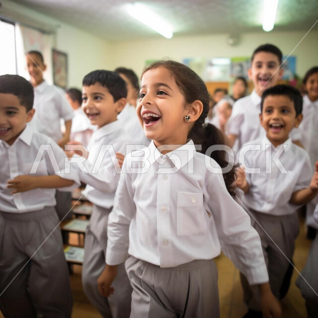 تعابير وايماءات الحماس والسرور، التفاعل والاندماج داخل الفصل الدراسي، طلاب عرب خليجيين سعوديين مبتسمين يقومون باللعب، التربية والتعليم بالمناهج المقررة للطلاب في المملكة العربية السعودية، العودة الى المدارس