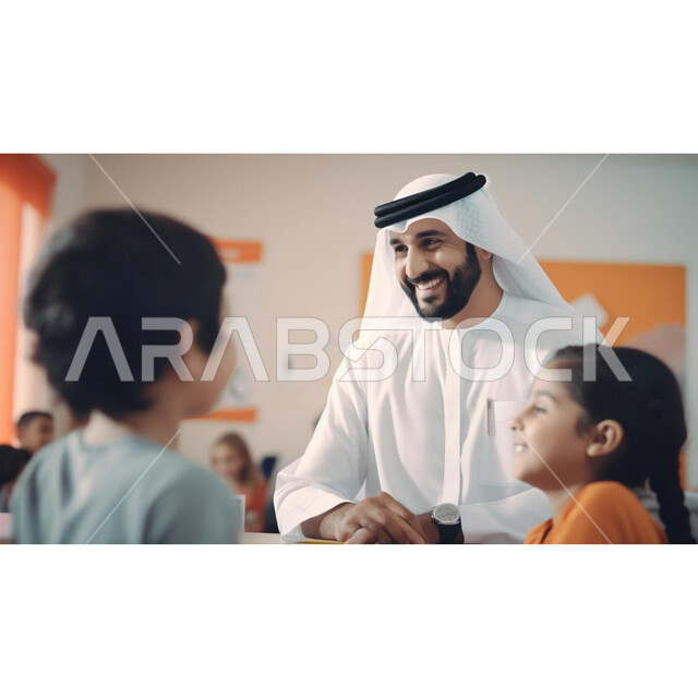 حوارات ودية بين الاستاذ والطلاب، معلم عربي خليجي سعودي يرتدي الثوب التقليدي والغترة يقوم بمناقشة الدروس مع تلميذه، جودة التعليم في السعودية، التربية والتعليم بالمناهج المقررة للتلاميذ، المشاركة الفعالة للطلاب مع المدرسين