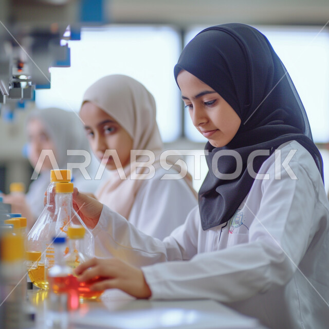 استعمال الأنابيب الزجاجية المعقمة لتحليل العينات المختلفة، معمل الصناعات الدوائية، مختبرات الفحوصات الطبية والتحاليل الكيمائية، صورة مقربة لمخبرية محجبة ترتدي المعطف الطبي، إجراء تجارب وبحوث علمية عبر التكنولوجيا الحيوية