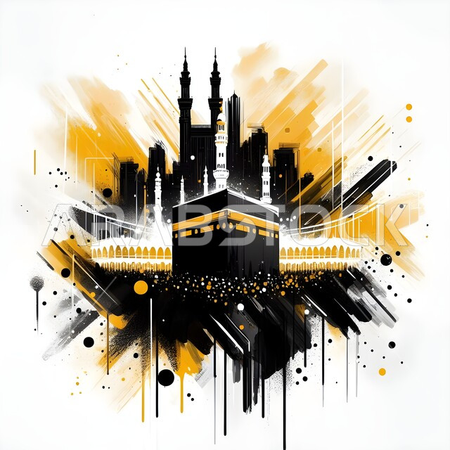 أداء مناسك الحج والعمرة، قبب ومآذن المسجد النبوي، رسوم بالألوان الزيتية للكعبة المشرفة في الحرم المكي الشريف في مكة المكرمة، العبادة والتقرب إلى الله، معالم و أماكن إسلامية مقدسة دينية في المملكة العربية السعودية