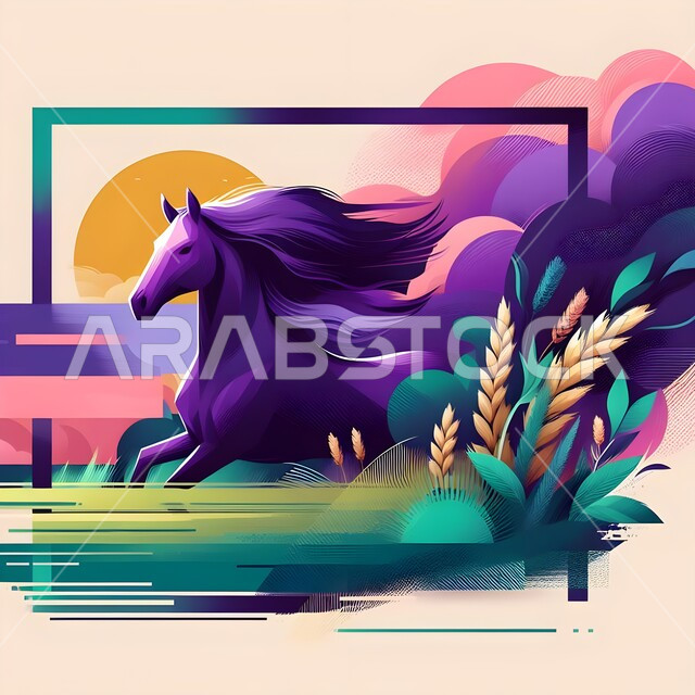 Nature reserves and farms for raising and taming animals and horses, gestures of jumping and running quickly, three-dimensional drawings of purebred Saudi Arabian horses, passing on the love of horses between generations, a symbol of chivalry and courage