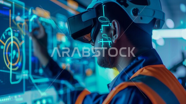 Adopting modern techniques and technology in engineering, quality production and manufacturing, and achieving the industrial revolution. A picture from the back of a Saudi Arabian Gulf engineer wearing a safety vest, virtual reality glasses, and a protection helmet, following the progress of the factory’s work using illuminated electronic screens