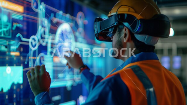 Adopting modern techniques and technology in engineering, quality production and manufacturing, and achieving the industrial revolution. A picture from the back of a Saudi Arabian Gulf engineer wearing a safety vest, virtual reality glasses, and a protection helmet, following the progress of the factory’s work using illuminated electronic screens