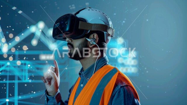 Adopting modern techniques and technology in engineering, quality production and manufacturing, and achieving the industrial revolution. A Saudi-Gulf Arab engineer wearing a safety vest, virtual reality glasses, and a protective helmet touches holographic elements