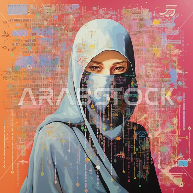 الاهتمام بالأناقة والمظهر الخارجي، مفهوم الحياء والستر، رسوم توضيحية لرأس إمرأة عربية خليجية سعودية محجبة تقوم بوضع اللثام على وجهها، نظرات الأنوثه الناعمة، خلفية ملونة