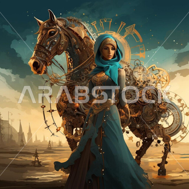 رسومات ومواهب فنية، مفهوم الأنوثة والنعومة، ارتداء أزياء محجبات عصريه حديثه، رسوم توضيحية لإمرأة عربية خليجية سعودية محجبة معها حصان عربي أصيل تنظر الى الكاميرا بإيماءات الثقة بالنفس