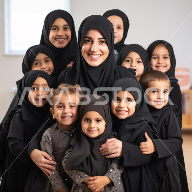 مفهوم العاطفة عند الأمهات، الشعور بالأمان والحب مع العائلة، بورتريه مقرب لامرأة عربية خليجية سعودية محجبة مع أطفالها، النظر الى الكاميرا بايماءات السعادة والسرور، خلفية رمادية