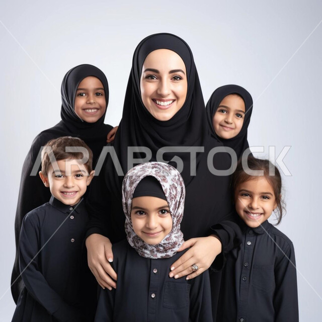 الشعور بالأمان والحب مع العائلة، مفهوم العاطفة عند الأمهات، بورتريه مقرب لامرأة عربية خليجية سعودية محجبة مع أطفالها، النظر الى الكاميرا بايماءات السعادة والسرور، خلفية رمادية