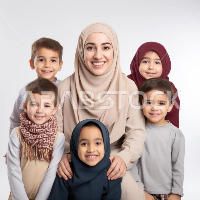 النظر الى الكاميرا بايماءات السعادة والسرور، الشعور بالأمان والحب مع العائلة، مفهوم العاطفة عند الأمهات، بورتريه مقرب لامرأة عربية خليجية سعودية محجبة مع أطفالها، خلفية رمادية