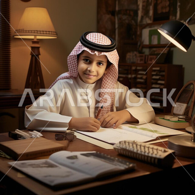 النظر إلى الكاميرا بإيماءات السرور، تلميذ عربي سعودي خليجي يرتدي الثوب التقليدي والشماغ يدرس في المنزل و يؤدي واجباته المدرسية ،الاستمتاع بقراءة الكتاب المدرسي ، تنمية المهارات الثقافية والفكرية