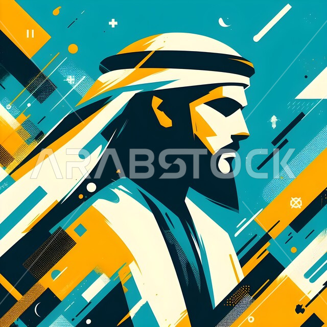 The concept of masculinity and strength, interest in elegance and external appearance, an artistic drawing in colors of a Saudi Gulf Arab man wearing the headband and traditional dress, looking at something with gestures of seriousness and firmness, a distinguished artistic painting
