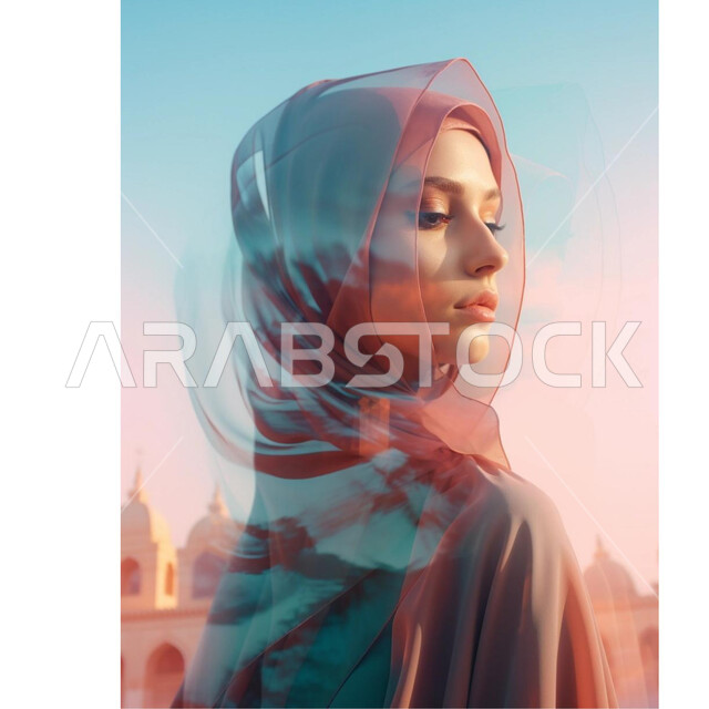 الأناقة والاهتمام بالمظهر الخارجي، حجابات نسائية عصريه حديثه, مفهوم الأنوثة والنعومة، بورتريه مقرب لإمرأة عربية خليجية سعودية مبتسمة ترتدي الحجاب تنظر إلى شيء ما بإيماءات الثقة بالنفس والسرور، خلفية ملونة