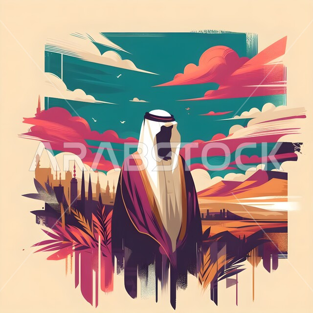 Concern with elegance and external appearance, the concept of masculinity and strength, a color drawing of a Saudi Gulf Arab man wearing an aqal and traditional dress looking at something, a distinct artistic painting, a landscape background